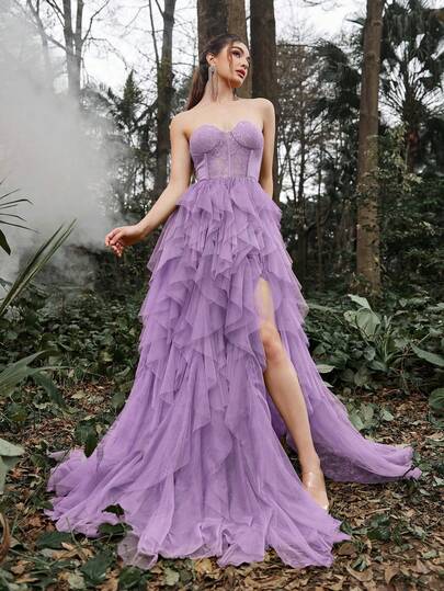 Elegant Strapless Formal Gown With Tulle Overlay & Ruched Bodice, High - End Sophisticated Design Featuring Flowy Tulle Train & High Slit – Ideal For Formal Evening Dinners, Wedding Guest Attire, Bridal Portraits, Red Carpet Events, Luxury Gala Occasions​