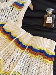 2件套女士镂空条纹背心，系带露脐性感休闲针织套装，沙滩度假风，春夏款 - 奶油色 - 查看 8