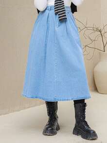 Livesso 高腰褶皱细节牛仔裙 - 藍色 - 查看 6