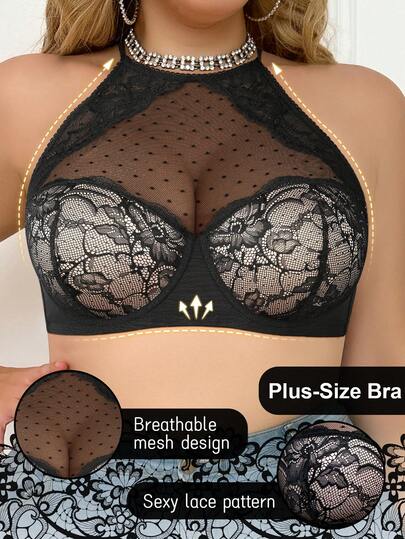 MIMILEMON Dames Plus Size Zwarte Kanten Halterbeha - Met Beugel Push-Up & Sexy Design & Ademend Mesh