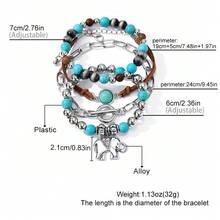 Set de 4 piezas de pulsera con colgante de elefante de cuero trenzado con turquesa, estilo bohemio, multicapa con cuentas, joyería vaquera occidental, popular de la temporada 2026 - Plateado - Ver 4