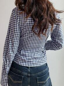 GLOpass 复古撞色格纹收腰衬衫，适合通勤、休闲外出、派对穿着 - 藍白色 - 查看 9