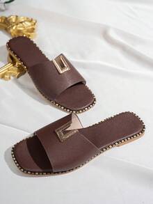 Women's Summer Flat Square Toe PU Upper Minimalist Slip-On Black Sandals, Popular Beach Vacation Casual Shoes, Retro Gold Plastic Buckle Home Slip-On Slippers - Brown - View 4