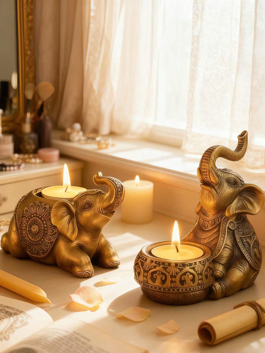 1 Giá đỡ nến hình voi vàng cổ điển - Tượng voi ngồi hoặc nằm trang trí, Khay nến phòng ngủ/phòng khách, Quà tặng tốt nghiệp hoặc tân gia. Giá đỡ nến tealight hình voi vàng sang trọng với lớp mạ vàng cổ điển và họa tiết Bohemian tinh tế. Hoàn hảo để tạo thêm không khí ấm cúng cho bất kỳ căn phòng nào. Biểu tượng cho may mắn và sự tích cực. Tuyệt vời để trang trí nhà cửa hoặc làm quà tặng. - D - Xem 1