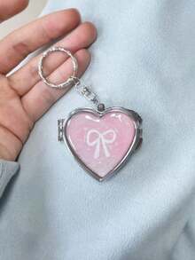 1pc Pink Heart-Shaped Double-Sided Folding Compact Mirror Makeup Bag With Metal Keychain - Multicolor - View 3