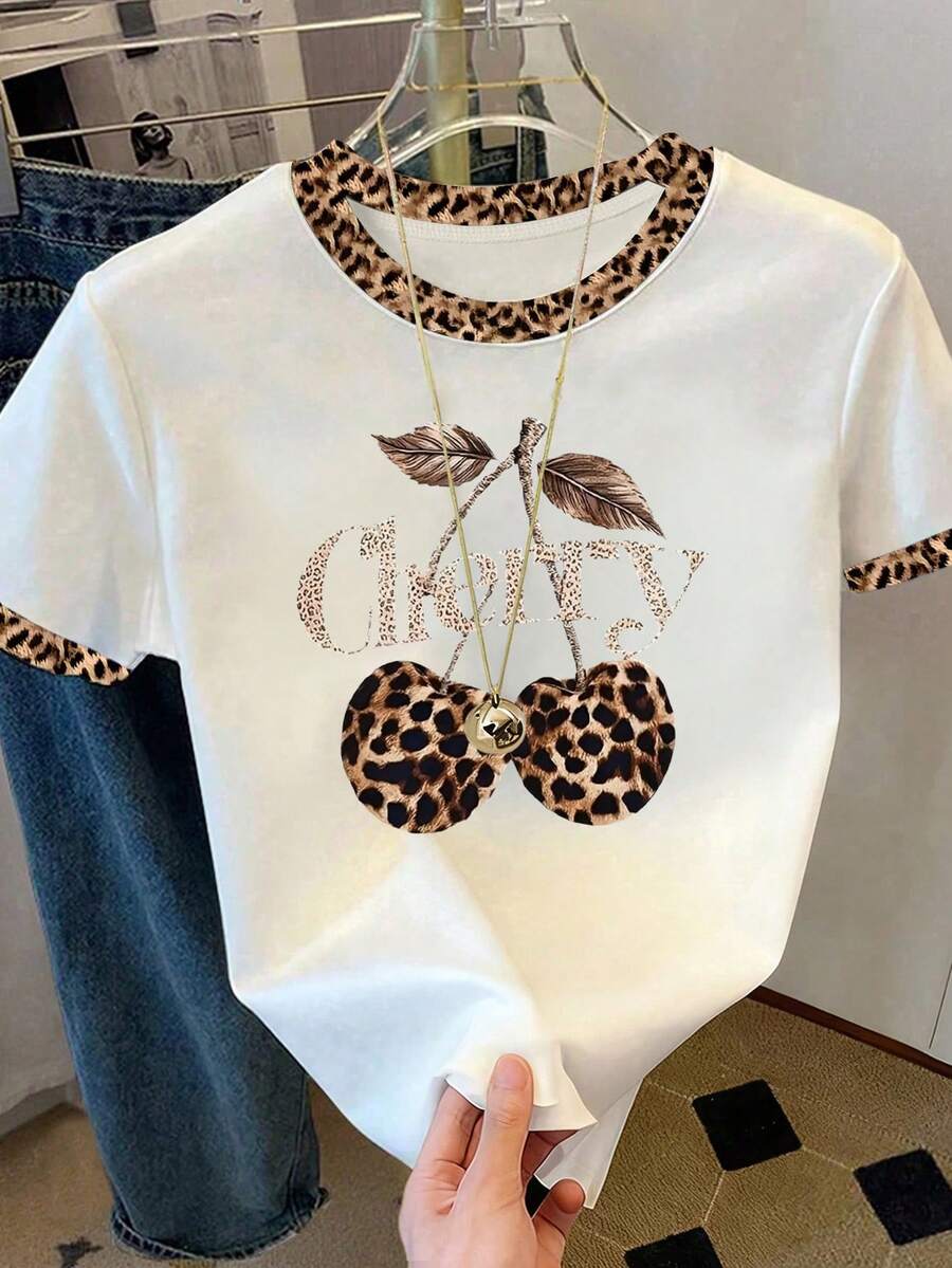 女士豹纹樱桃图案T恤，经典百搭时尚夏季、度假、海滩穿搭 - 白色 - 查看 1