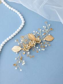 1pc Gold Tone Alloy Flower & Faux Pearl Elegant Lady Hair Comb, Bridal Wedding Headpiece - Gold - View 4