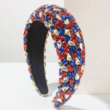 Independence Day Headband For Women, Vintage Velvet Thickened Sponge High Crown Top With Red, White, And Blue Rhinestones Hair Accessory - 平版白色 - 查看 3