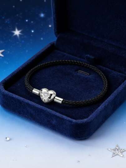 1 par Pulsera trenzada negra con cierre de corazón de plata de ley 925 que eleva tu estilo cotidiano con sofisticación