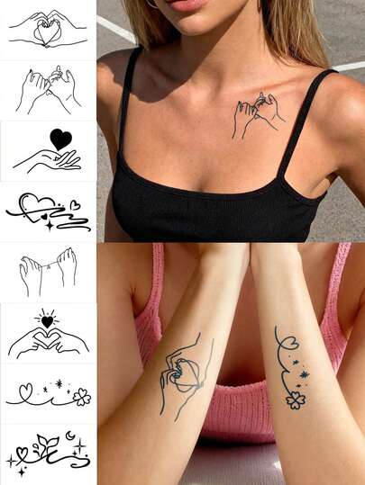 1pc Herbal Juice Magic Couple Hand Interaction Heart Star Flower Bachelorette Party Tattoos Pattern, Holiday Party, Valentine's Day, Carnival Gifts For Arm, Waist, Wrist, Shoulder, Neck, Collarbone, Waterproof Semi-Permanent Tattoo Sticker