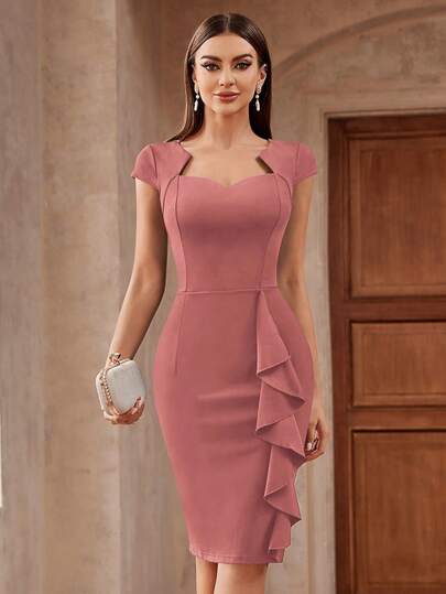 MIUSOL Elegant Solid Sweetheart Neck Ruffle Trim Cocktail Party Fitted Dress,Casual Elegant Party Formal Dress