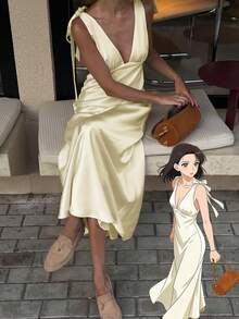 2026春夏新款缎面蝴蝶结吊带深V领香槟色正式晚礼服，适合约会、正式活动、派对、海滩、度假、街头风、嘉年华、婚礼、生日、Y2K、闪亮、复活节、圣帕特里克节、毕业典礼、盛大晚宴、奢华晚宴等场合，尽显优雅气质。 - 香檳色 - 查看 9