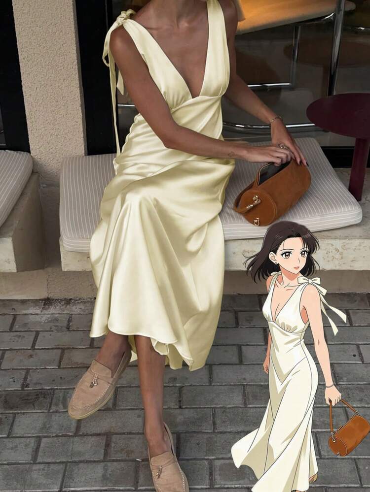 2026 Vår/Sommar Ny Satin Rosettband Djup V-ringning Champagnefärgad Formell Aftonklänning, Lämplig För Dejter, Formella Tillfällen, Fester, Stränder, Helgdagar, Gatustil, Karnevaler, Bröllop, Födelsedagar, Y2K, Glansig, Påsk, St. Patrick's Day, Examener, Galor, Lyxiga Kvällar Fest Elegant - Champagne - Visa 8