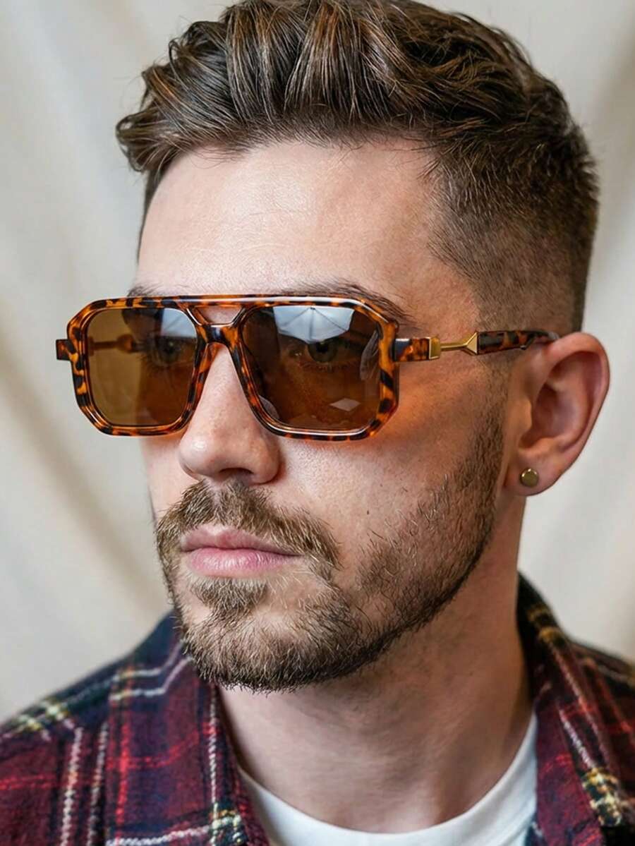 1 Pair Men's Green PC Frame Personalized Double Bridge Gradient Lens Fashionable Fashion Glasses For Travel And Leisure - Leopard - View 1