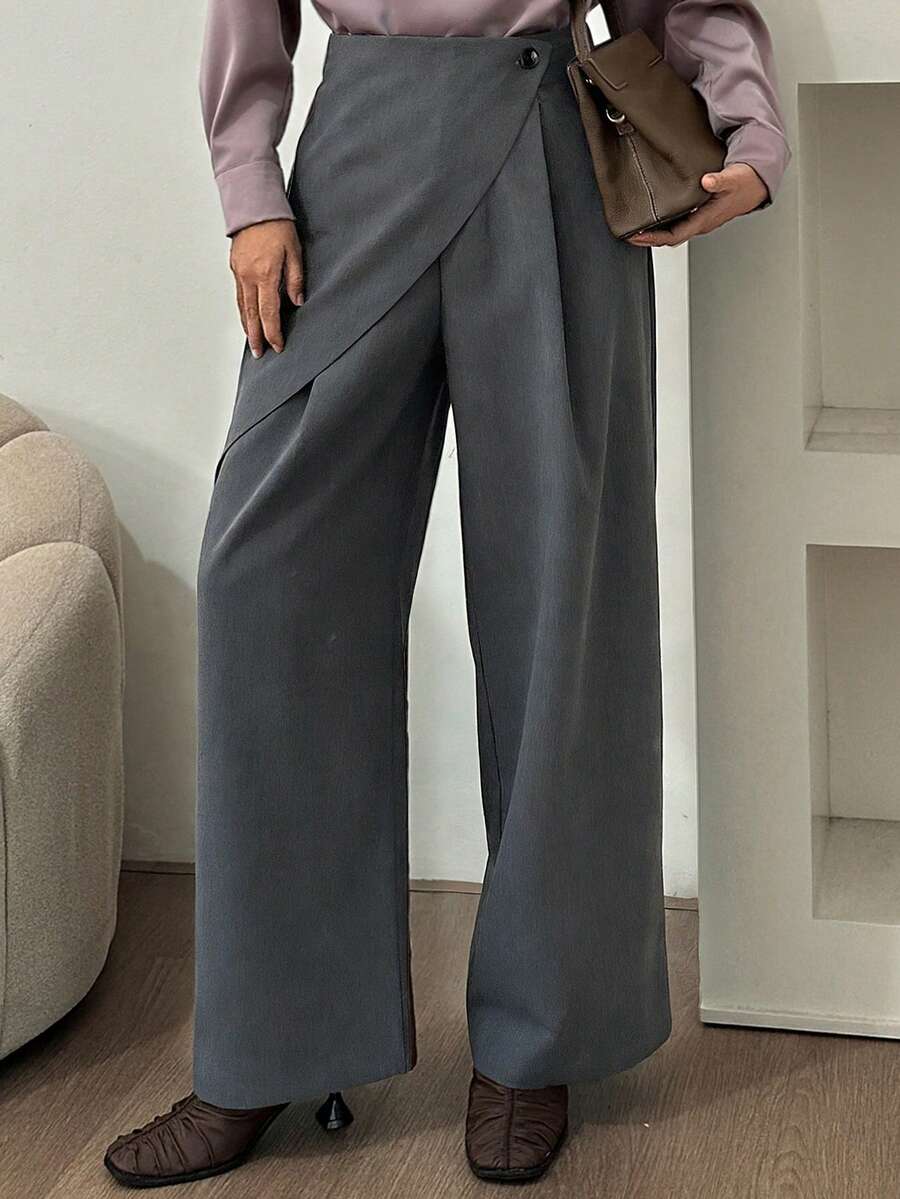 DAZY Pantalones anchos de 2 en 1 de unicolor elegante y holgado para mujer, ropa formal para primavera y otoño - Gris - Ver 1