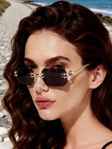 1 Pair Black & Gold Metallic Frameless Retro Chic Fashion Glasses, Unisex Design Suitable For Street Style, Driving, Vacation, Beach, Runway, And Daily Wear - Black - View 10