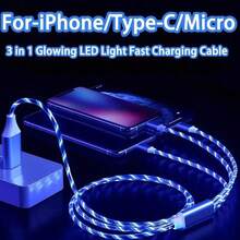 Fast Charging Data Cable (Shining Fiber) 1pc LED Apple Charging Cable 3 In 1 Glowing Data Cable USB C+Lightning+Micro USB Charging Cable, Compatible With IPhone 17/17 Pro/17 Pro Max/16/15/14/13/12, Portable Travel Charger Gift Party - Multicolor - View 3