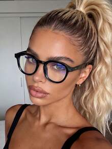 1 Pair Unisex Round Frame Clear Lens Glasses, Suitable For Outfits, Computer, Phone, TV, Fashionable Campus Style, Black Frame, Face Flattering Design - Black Flat - View 6