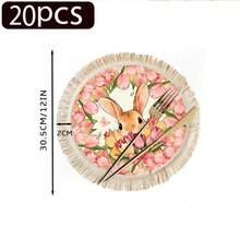 1/4/6pcs Easter Collection, A Light Brown Rabbit Peeking Out From A Cluster Of Tulips, The Outer Circle Surrounded By A Ring Of Blooming Pink Tulips Dotted With A Small Pink Butterfly, Linen Printed Tassel Placemat/Coaster - Multicolor - View 18