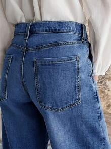 新款女士多扣阔腿休闲牛仔裤 - 高品质牛仔布，时尚舒适，春季必备 - 中藍色 - 查看 4