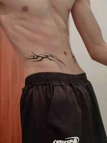 1张深色线条草本腹肌纹身贴纸，防水男士腰部装饰贴纸，可维持1-2周 - 黑色 - 查看 2