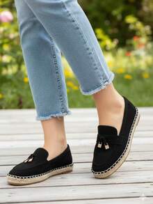 2026 Spring/Autumn New Women's Slip-On Loafers, Versatile Flat Shoes, Straw Sole Shoes - Black - View 1
