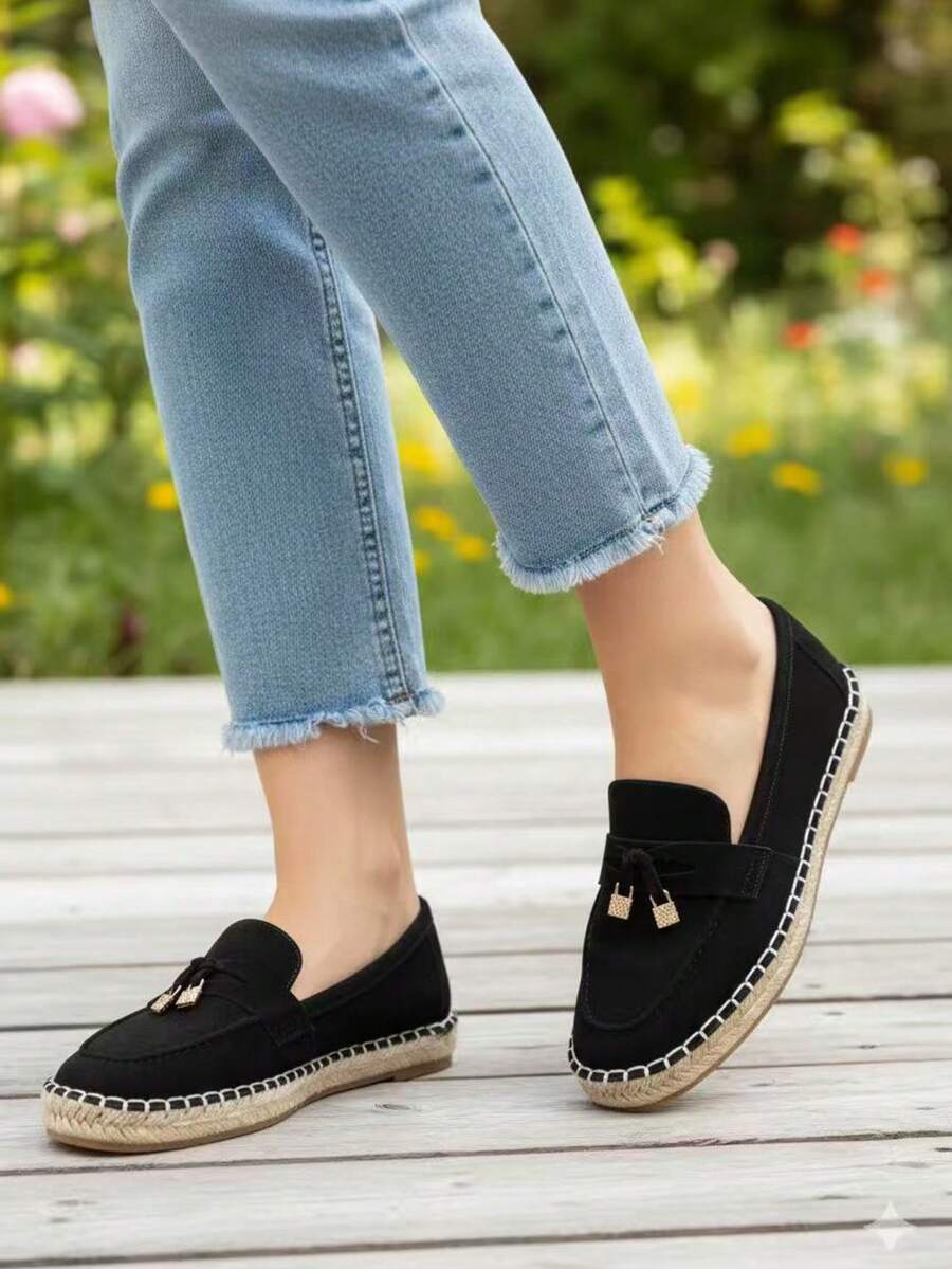 2026 Spring/Autumn New Women's Slip-On Loafers, Versatile Flat Shoes, Straw Sole Shoes - Black - View 1