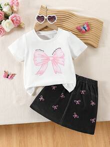 两件套少女休闲校园风多巴胺套装，可爱蝴蝶结字母印花圆领短袖白色T恤搭配蝴蝶结印花黑色迷你裙，春夏款 - 彩色 - 查看 2