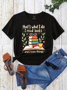 That's What I Do I Read Books And I Know Things Graphic T-Shirt For Women, Oversized Crewneck Tees Casual Wear, Spring Cotton Tops Short Sleeve, Summer Basic Tees, Funny Clothes For Women - 黑色 - 查看 2