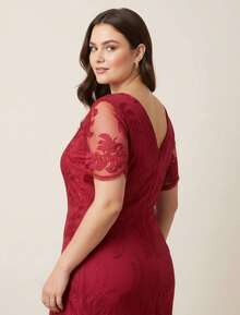Plus Size Midi Dress In Embroidered Tulle With Elegant Lining For Parties And Events - 紅色 - 查看 6
