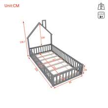 House Bed, 90 X 200 Cm, Children's Bed With Chimney Shape, Bed With Slatted Base (Without Mattress), Pine Wood, Minimalist Style - Grey - View 2