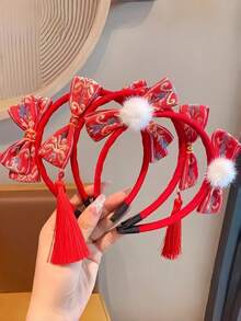 1件女童中国新年发箍，汉服新年蝴蝶结发箍，中国风红色发夹，带流苏的传统服饰发饰。 - 彩色 - 查看 3