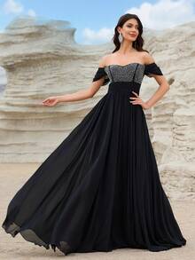 Off Shoulder Sequin Patchwork Formal Dress - Black - View 4