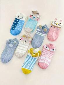 4 Pairs Women's Cartoon Cat Ear Plush Shallow Mouth Boat Socks, Spring/Summer - Multicolor - View 1