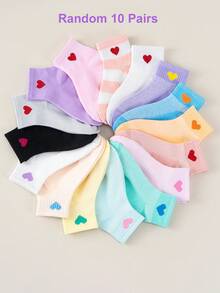 随机 1/5/10 双春夏糖果色儿童短袜，韩版清新爱心图案短袜，透气网眼袜，女童爱心装饰休闲短袜，百搭舒适，适合日常穿着。 - 彩色 - 查看 14