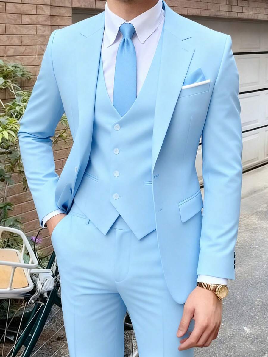 Men's Elegant And Fashionable Three Piece Suit, Solid Color Business Style Jacket, Vest Pants, Suitable For Weddings, Dinners, Outdoor Travel, Commuting To And From Work - 淺藍色 - 查看 1