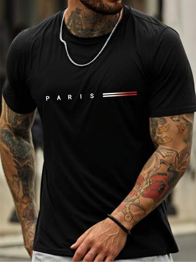 Men's New Casual Sports T-Shirt - Lightweight & Comfortable, Paris Red Graphic Print, Dark Retro Style, Suitable For Outings, Friends, Outdoor Travel, Sports Wear, Casual Daily T-Shirt, Gym Outfit, T-Shirt For Men, Men's Sportswear, Lightweight Sports Tee, Comfortable Sports Hiking Fishing Versatile Short Sleeve T-Shirt