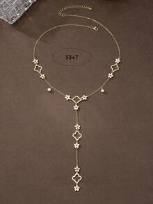1pc Fashionable Lucky Flower Faux Pearl Y-Shaped Long Necklace Valentines,Mom,Mother,Mother's Day,Gift - Yellow Gold - View 6