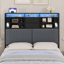 HaluPeit Headboard With 3-Tier Storage Shelves, Velvet Upholstered Headboard With Outlet, 2 USB Ports & LED Light, Headboards Full Size Bed With Two Fabric Drawers,Black And Dark Gray - Black - View 3