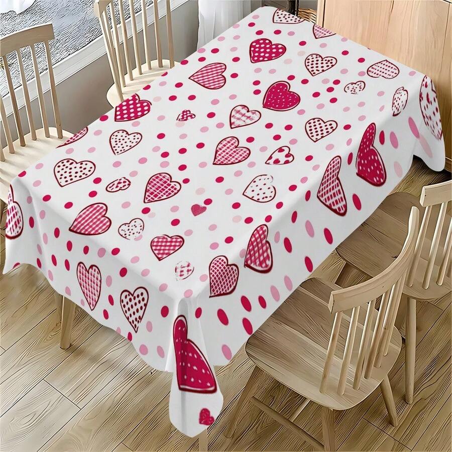 1pc Heart-Shaped Polka Dot Rectangular Tablecloth Design, Elegant Choice For Dining Table, Adds Graceful Charm To Long Tables | Neat Draping Edges - Red and White - View 1