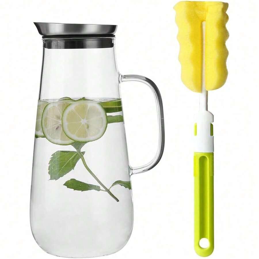 1.5 Liter 50oz/1500ml Glass Pitcher With Lid, Easy Clean Heat Resistant Glass Water Carafe With Handle For Hot/Cold Beverages - Water, Cold Brew, Iced Tea & Juice, With 1 Long-Handled Brush Included - Default - View 1