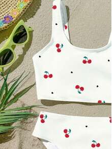 少女樱桃印花白色吊带泳衣套装 - 白色 - 查看 4