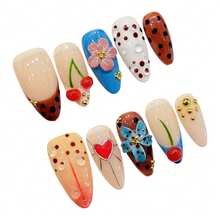 10Pcs Fake Nails Sweet Cherry Blossom Press On Nails With Heart Rhinestones Polka Dots Pre Shaped Fake Nails For Women Girls - Multicolor - View 6