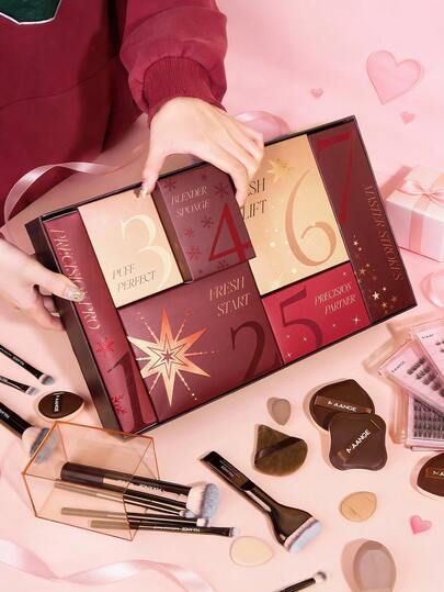 MAANGE 15/49 piezas Juego de regalo de Navidad que incluye brochas de maquillaje, esponjas de maquillaje, pestañas postizas, rizador de pestañas, toalla facial, tazón de limpieza de brochas de maquillaje, caja de almacenamiento, bolsa de almacenamiento, lazos para el cabello, rizador de pestañas y otros regalos de Navidad para niñas, set de brochas de maquillaje de viaje, accesorios de cosmética, regalos para amigos