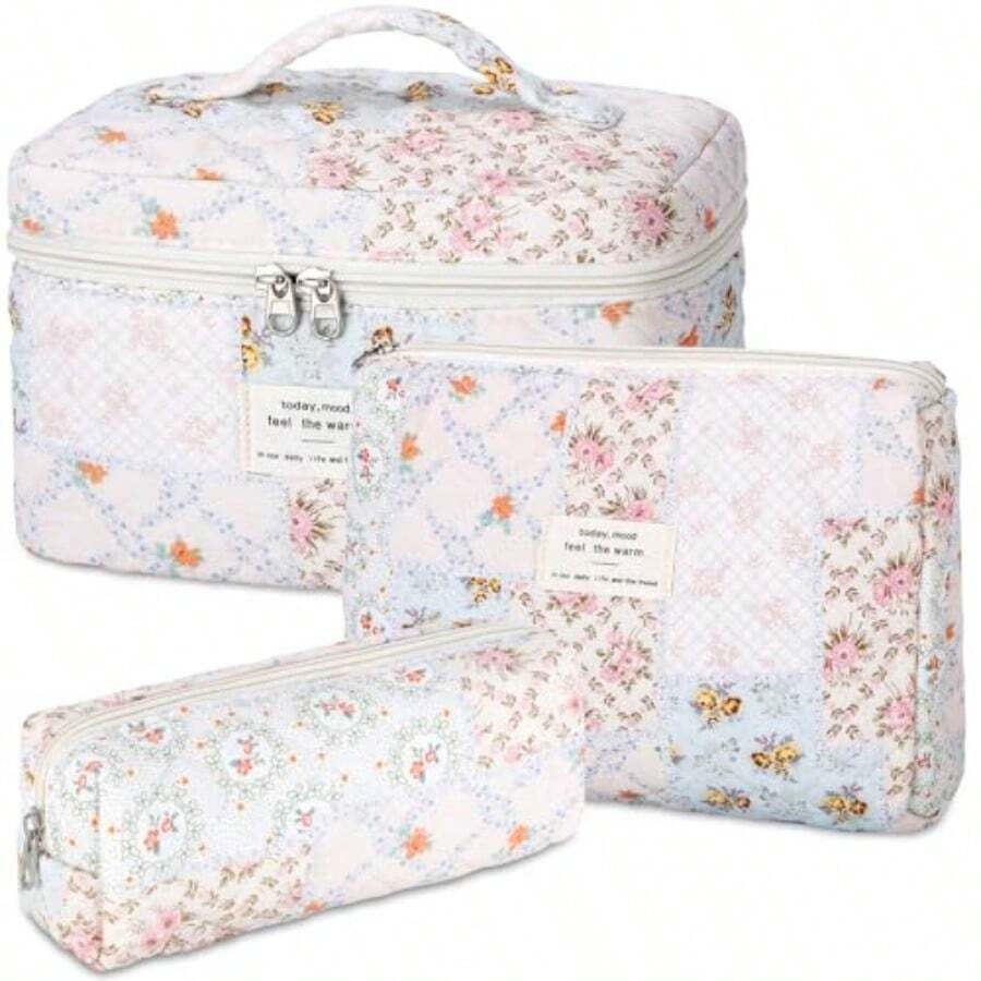 Bolsa de acolchada de algodón para mujer bolsa de cosméticos grande tamaño pequeño de viaje Azul-Blanco Moderno -B026 - Flor rosa - Ver 1