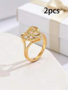 2pcs Elegant Hollow Heart & Letter Adjustable Rings, Fashionable Jewelry Gifts Suitable For Women, Girlfriends, Wives, Mothers, Families And Friends On Birthdays, Anniversaries And Other Occasions - Yellow Gold - View 22
