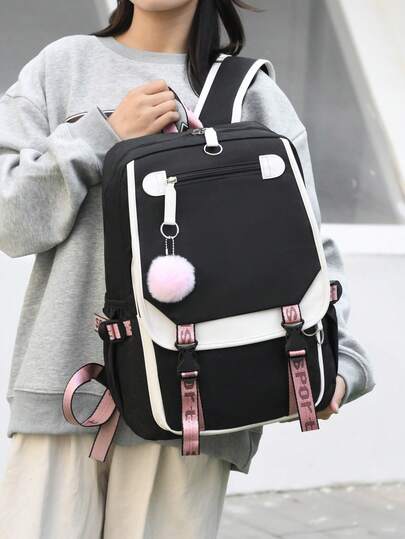 1个大号青少年女生书包，带USB接口帆布书包，时尚黑粉色青少年书包，适合上学、上大学，经典长款零钱包，仿皮多功能钱包，大容量拉链钱包，学院风书包，返校必备