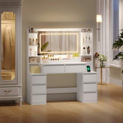 Hzuaneri Dressing Table With Mirror, Vanity Desk, Adjustable 3-Colour LED Lights, Makeup Desk With Plug, Hairdryer Holder, 8 Drawers, Open Storage Spaces, 40 * 135 * 145.2 Cm, Modern, White