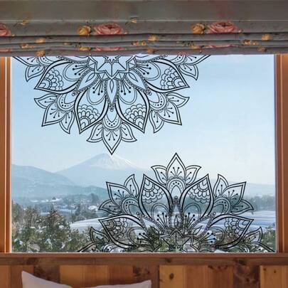 2 Sheets Ramadan Black Classical Mandala Flower Window Decal - , Islamic Muslim Flower Window Sticker Home Decals - Ideal For Bedroom & Living Room Wall Decor, Window Decor Eid Al-Adha Festival Gift
