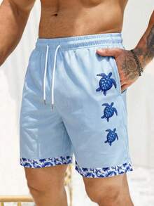男士休闲海龟印花抽绳腰华夫格沙滩短裤，夏季 - 彩色 - 查看 2